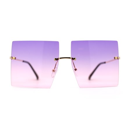 Hippie Color Gradient Lens Square Geometric Rimless Sunglasses Gold Purple Pink