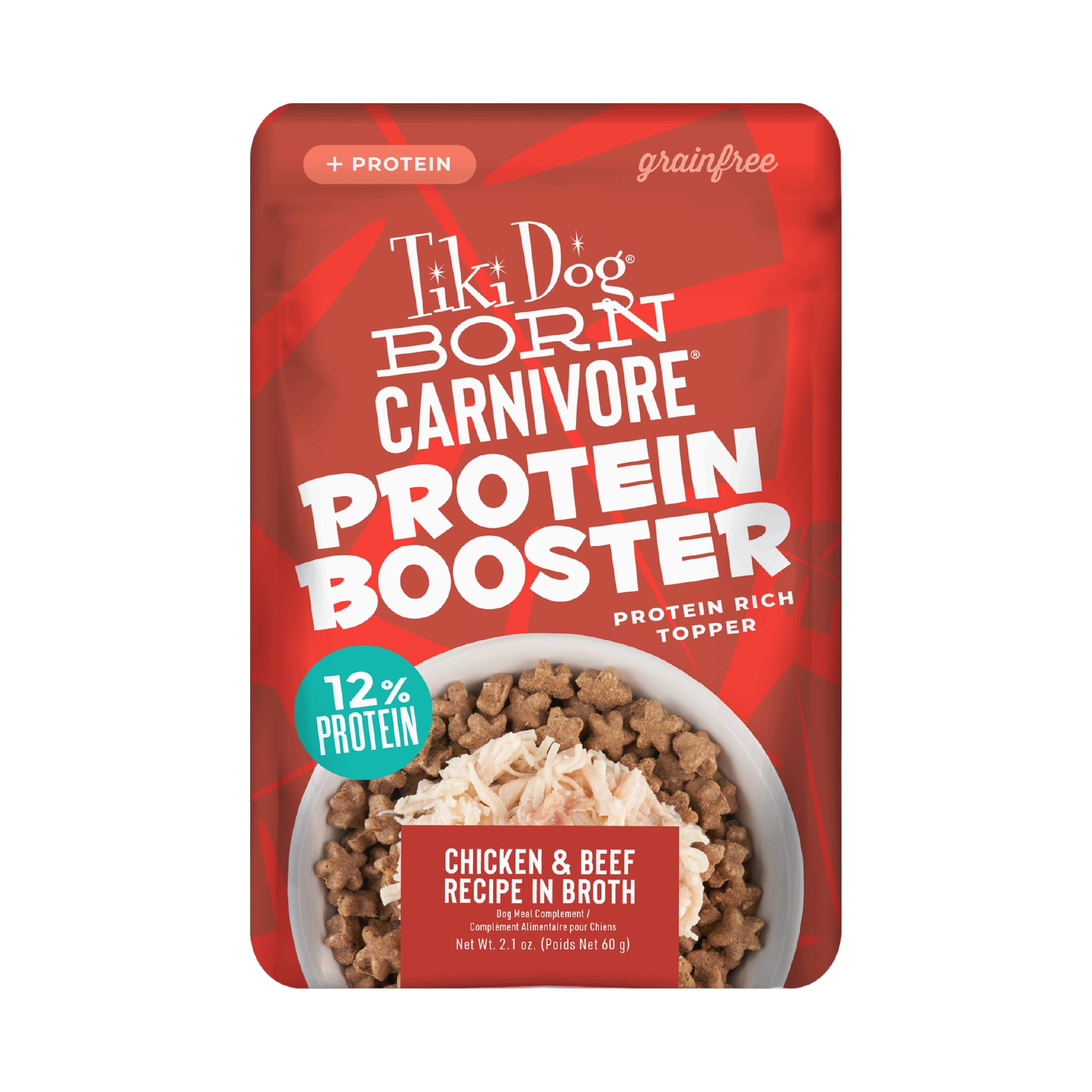 Tiki Dog Born Carnivore Protein Booster Chicken and Beef Recipe in Broth Dog Food Topper, 2.1 oz., Case of 12
