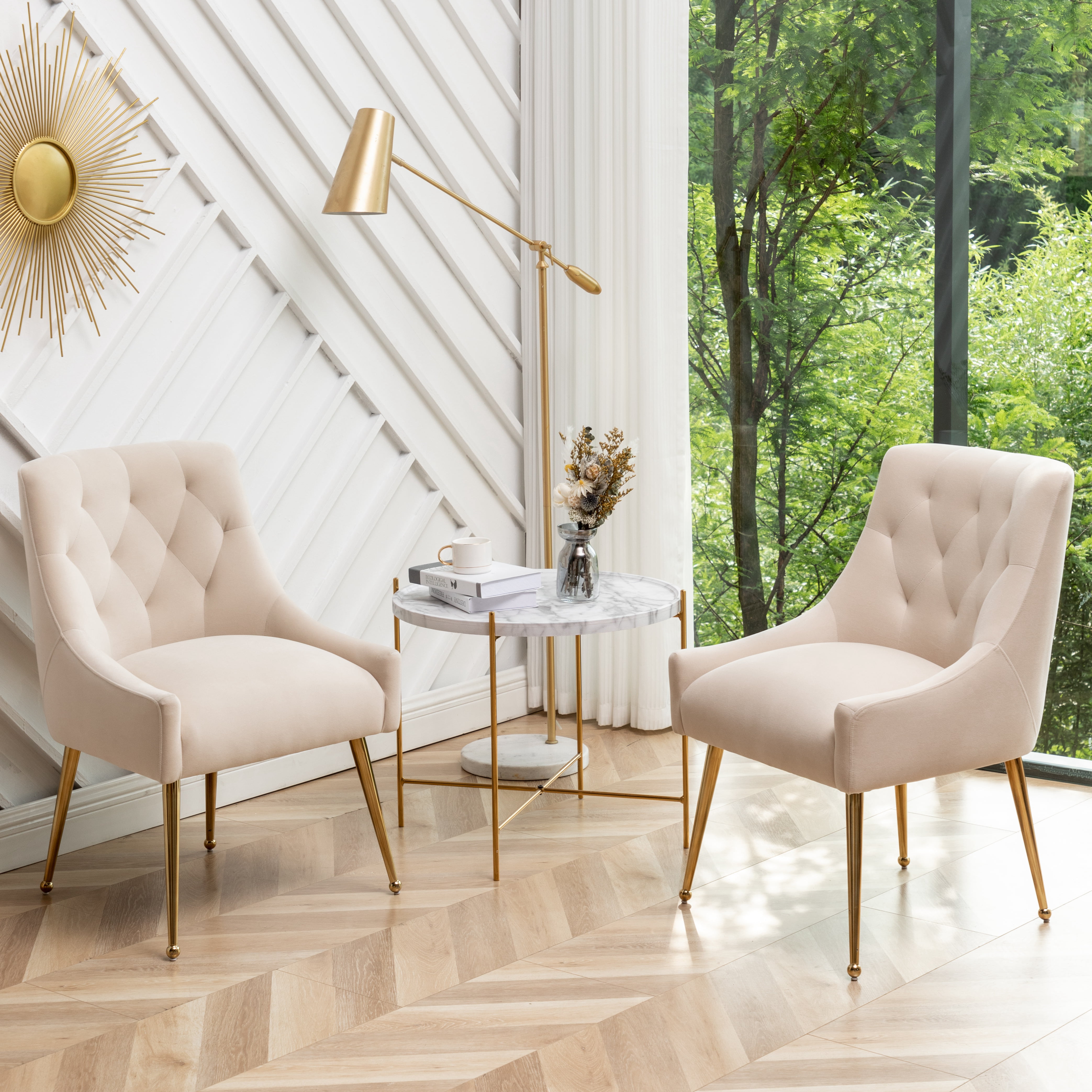 Tufted back dining chair velvet side chair gold metal legs dining chair Set of 2