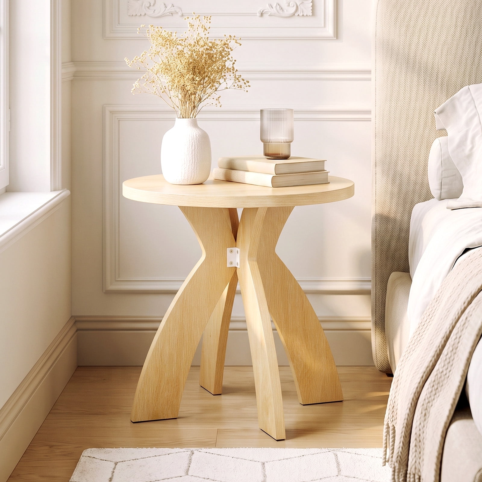 Astoutdoor Round Side Table, 23.6 in Circular End Table with Curved Cross Legs, Melamine Laminated MDF Accent Table for Living Room, Bedroom, Balcony, Natural Wood Tone