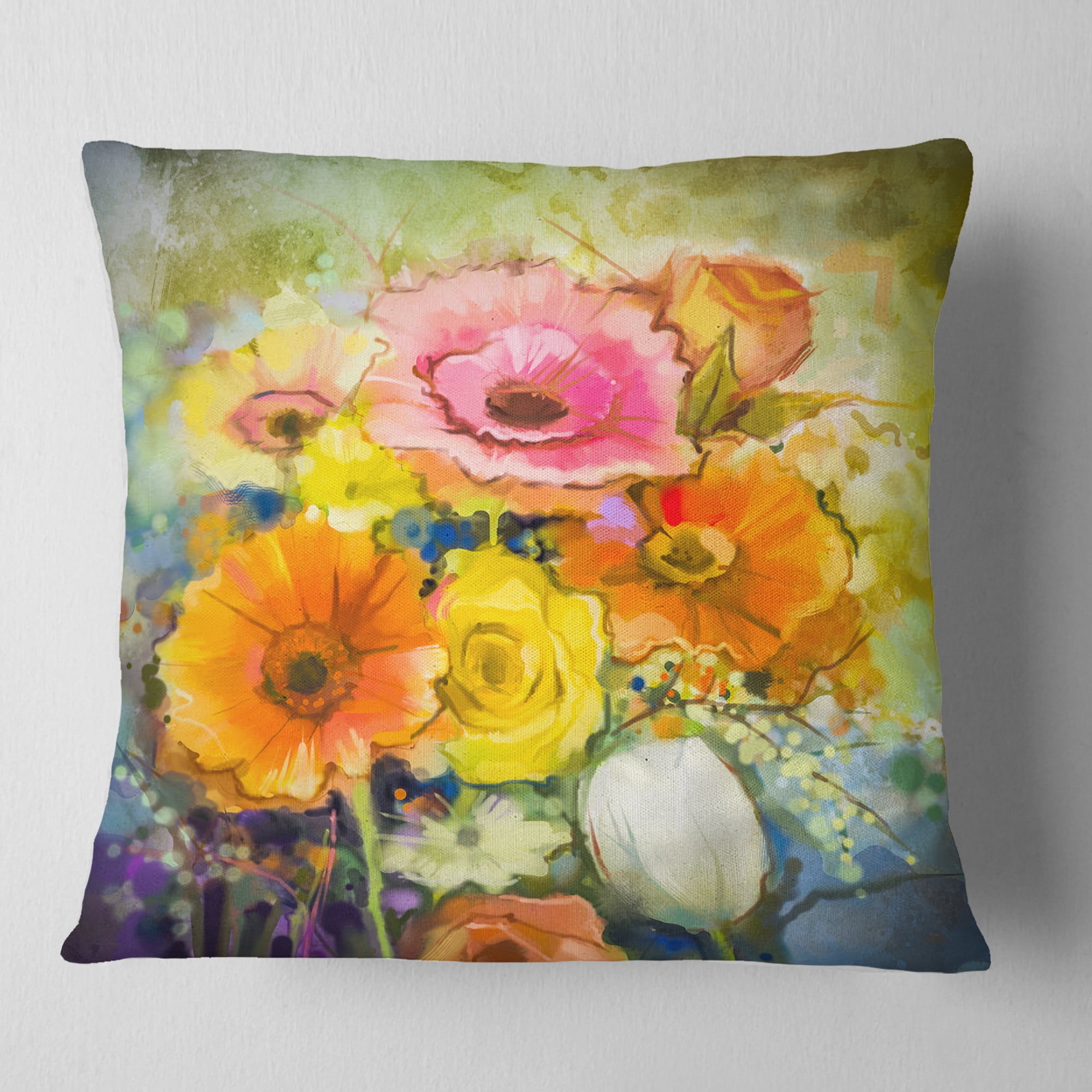 Designart White Gerbera Red Rose and Tulips - Floral Throw Pillow - 16x16