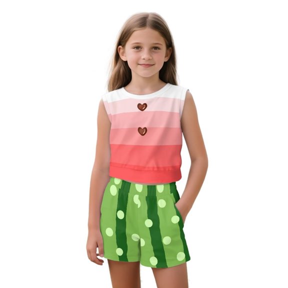 chaqlin Watermelon Love Print Girls' Summer Shorts Set Round Neck Tank Top Graphic Tee and Shorts with Pockets Comfortable Sport Workout Outfits
