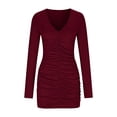 thumbnail image 4 of Long Sleeve Bodycon Dresses for Women Going Out V Neck Ruched Party Club Mini Dress Wine, 2XL, 4 of 7