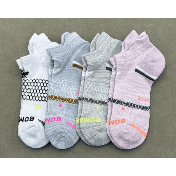 Bombas Women's Cushion Ankle Socks with Honeycomb Arch Support, Pastel Multi-Color 4-Pack (White, Light Blue, Grey, Pink) - Size Medium