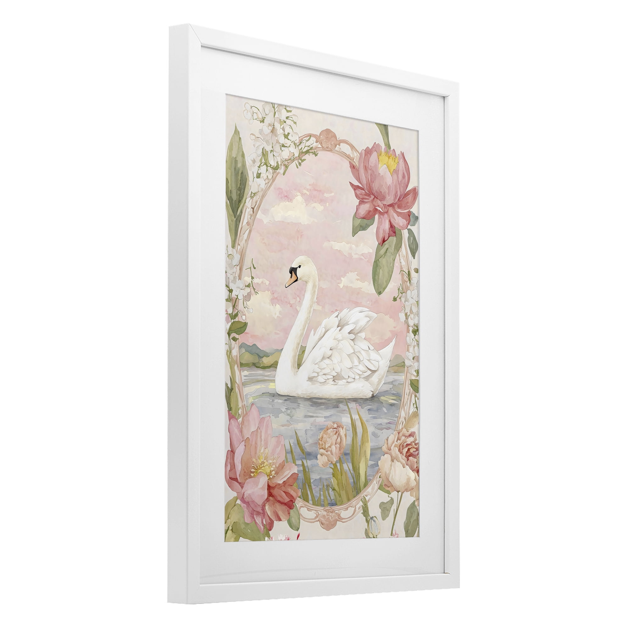 Stupell Industries Floral Border Swan in Bloom White Framed Print Under Glass, design by Creative Studio