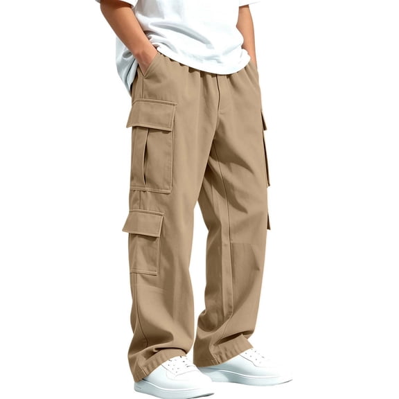 Boys Wide Leg Cargo Pants, Children Elastic Waist Casual Trousers with Cargo Pockets for Kids Hiking Outdoor Daily Activities Pants Khaki 10-11T