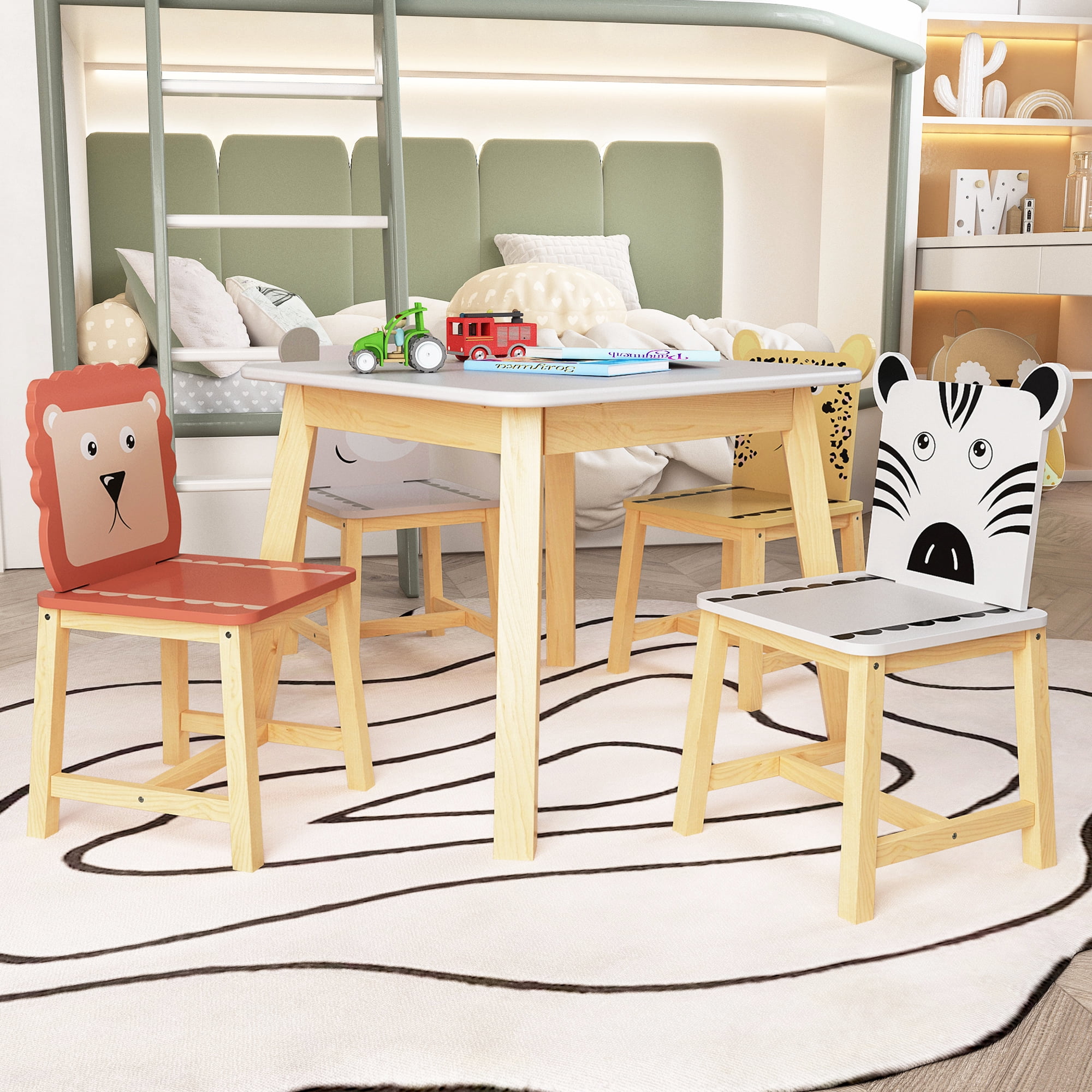 Seizeen Kids Table & Chair Set , 5 Pieces Cartoon Table with 4 Chairs Solid Wood Kids' Furniture Large Table and Animals Backrest, Kid's Room, Nursery Furniture Set