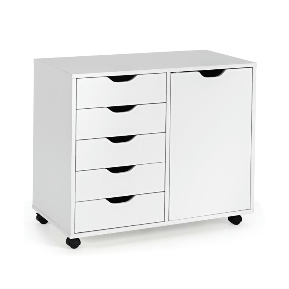 Demi Bonn 5-Drawer Mobile File Cabinet with 4 Universal Casters, Dresser Chest Storage Cabinet with Door, White