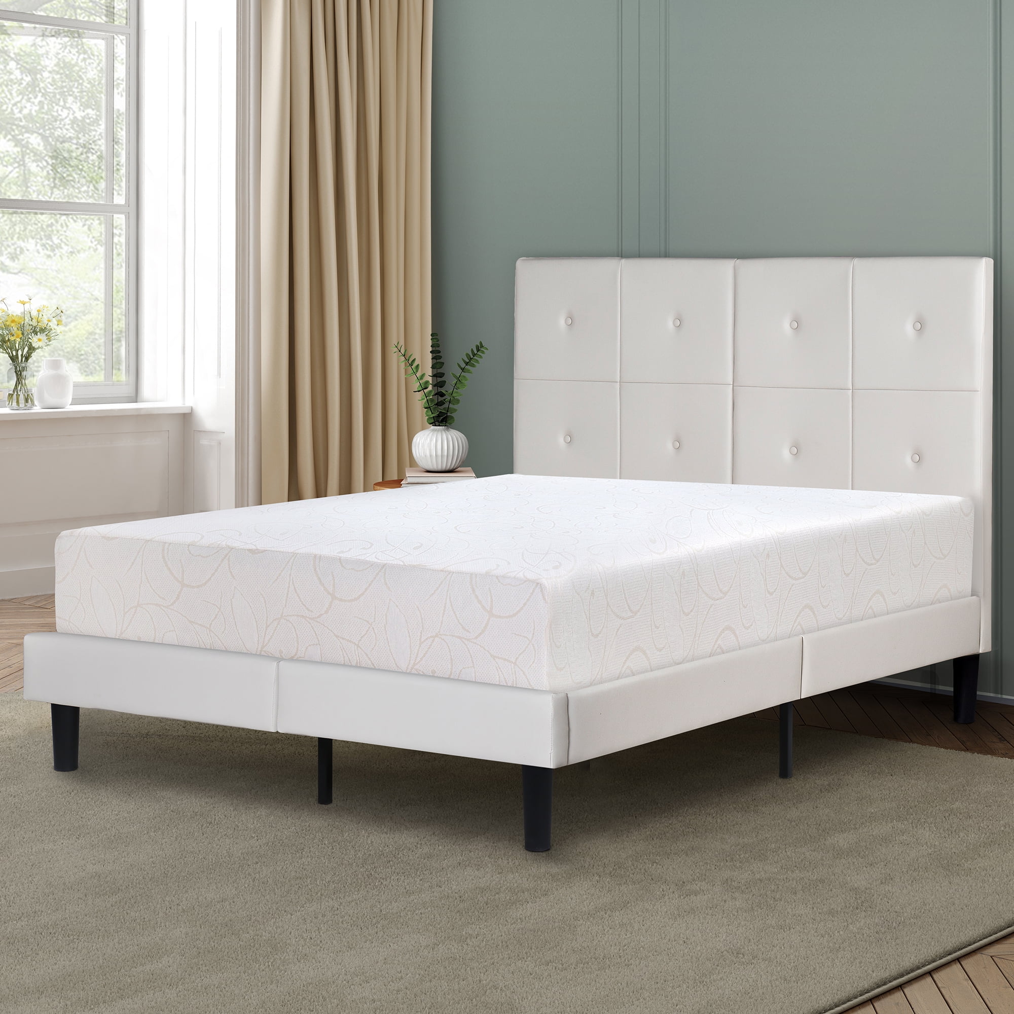 GrandRest 14" Faux Upholstered Leather Platform Bed, Light Gray, Full