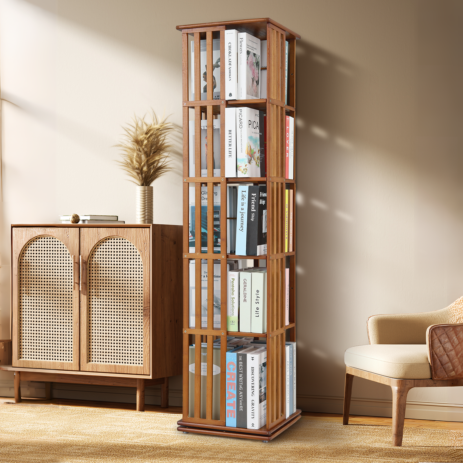 Magshion Bamboo Revolving Bookshelf 360 Degrees, 5-Tiers Free Standing Rotating Bookcase, Storage Rack for Home, Study, Office, Brown