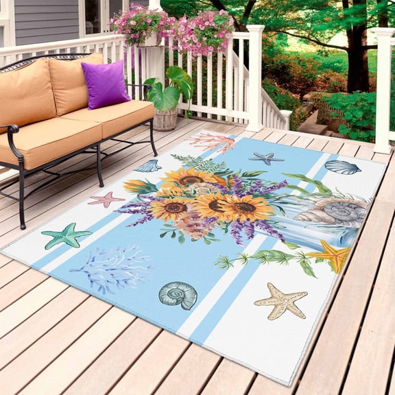 Coastal Sunflower Outdoor Rug 4x6 Ft, Non Slip Washable Area Rug, Blue Summer Beach Starfish Shell Patio Rugs Carpet Runner, Large Floor Mat for Indoor/Outdoor Deck Porch Camping