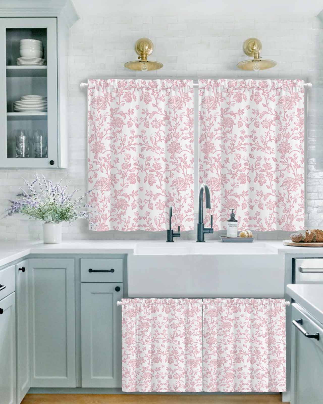Light Pink Floral Paisley Short Blackout Curtains 45 Inch Long Boho Leaf Vintage Farmhouse Linen Rod Pocket Kitchen Curtains, 2 Panels Thermal Insulated Room Darkening Drapes for Bedroom, 30"W x 45"L
