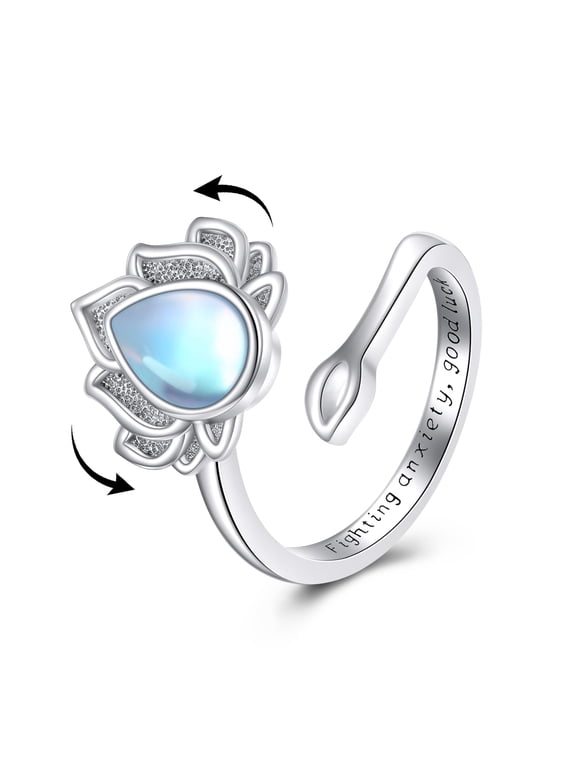 Anxiety Ring Anxiety Fidget Ring Lotus Flower Sterling Silver 14K White Gold Plated Moonstone Anxiety Relief Ring for Women Men