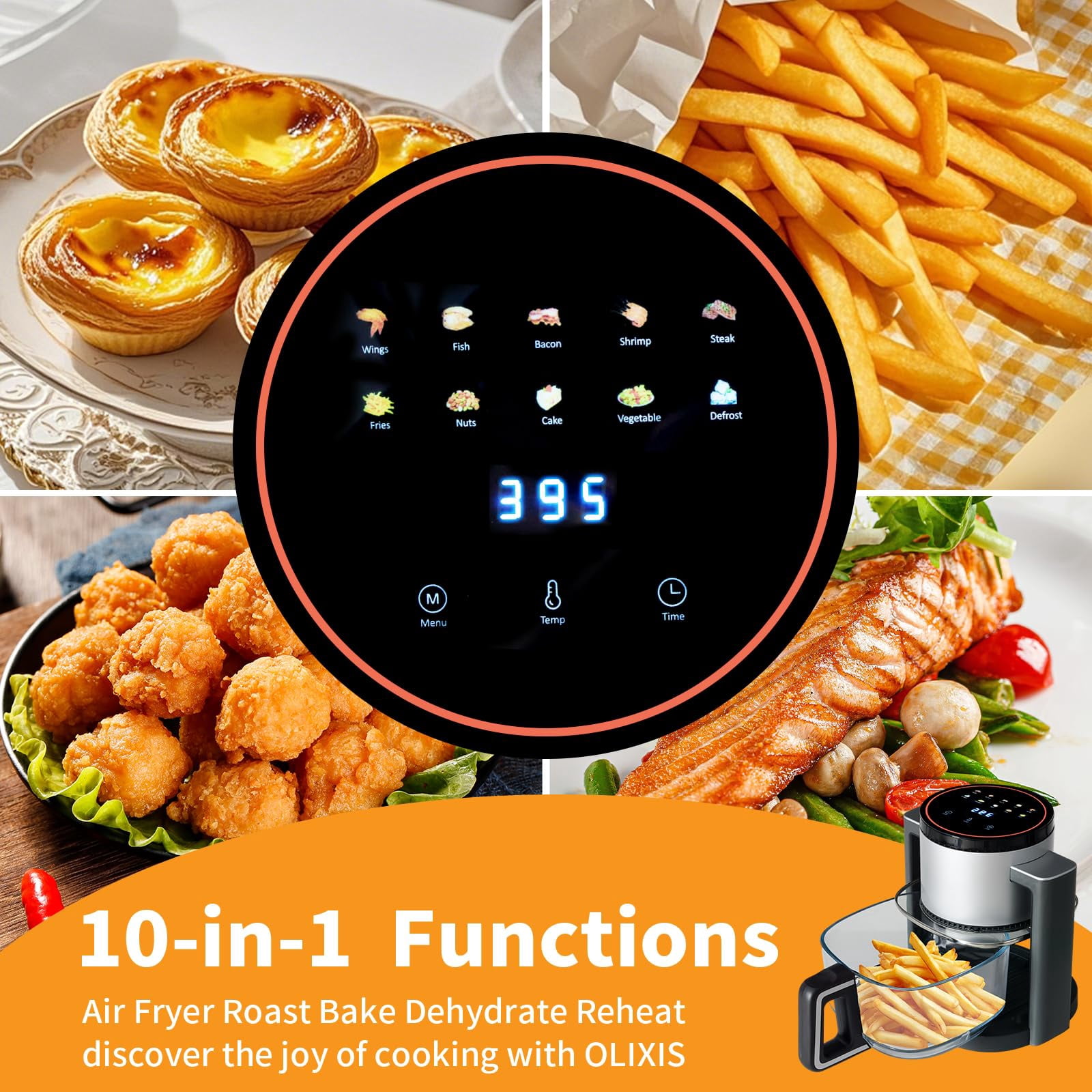 Plum Chef 4.5-Quart Glass Air Fryer, 10-in-1 Compact Airfryer with 360° Visibility and Dishwasher-Safe Glass Basket, 1300W, Black