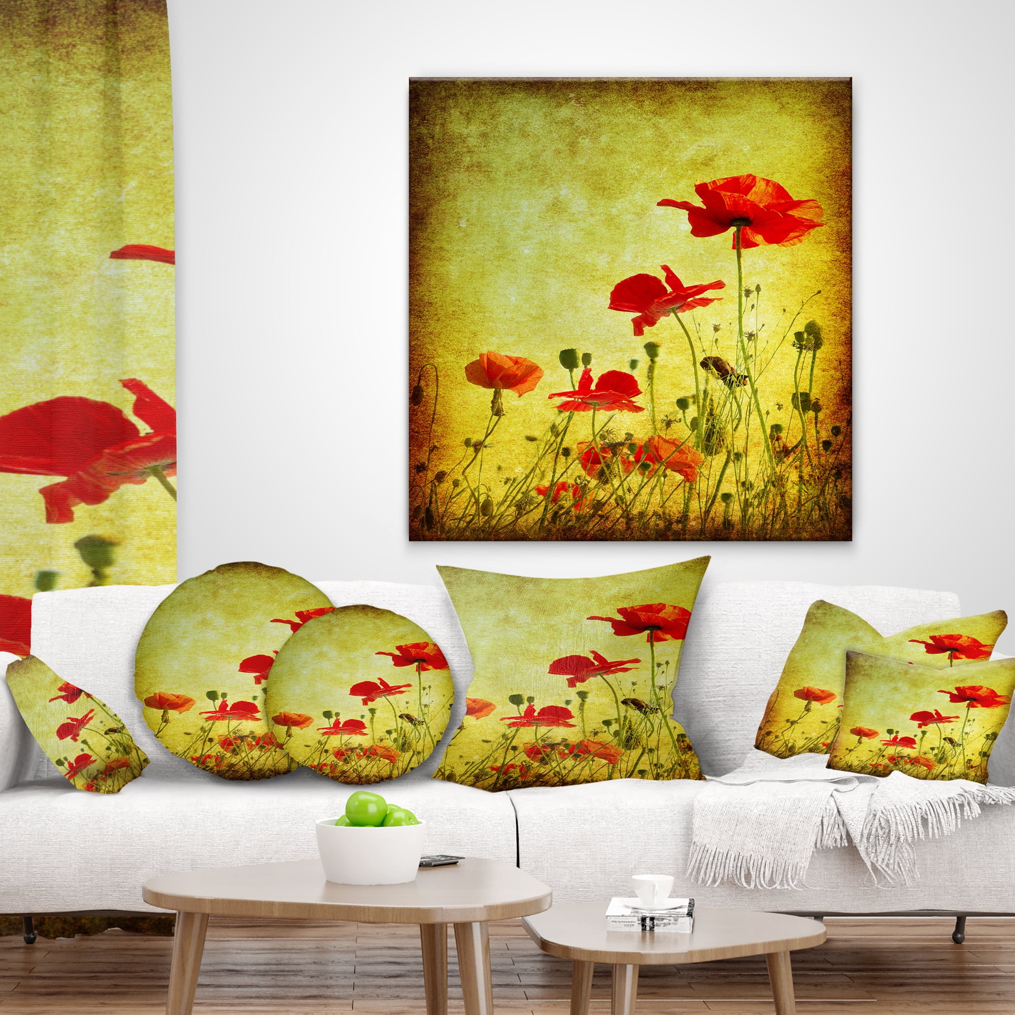 Designart Poppy Flowers on Grunge Background - Floral Throw Pillow - 18x18