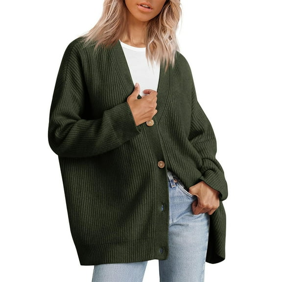 Yesfashion Womens 2025 Fall Sweaters Double V-Neck Long Sleeve Button Up Soft Knit Cardigan Sweaters