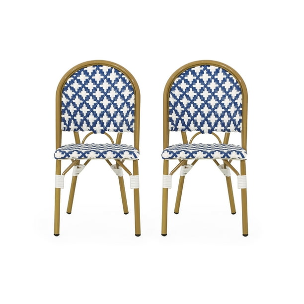 Brandon Outdoor French Bistro Chair, Set of 2, Blue, White, Bamboo