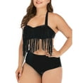 thumbnail image 5 of LELINTA Women's Plus Size Swimsuit Black High Waist Two Piece Halter Tassel Swimwear Set, 5 of 8