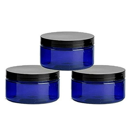 - 6 Cobalt Blue Low Profile 8 Oz Jars PET Plastic Empty Cosmetic Containers, Black Caps, Sugar Scrub, Powder, Body Cream, Lotion, Beads by Grand Parfums