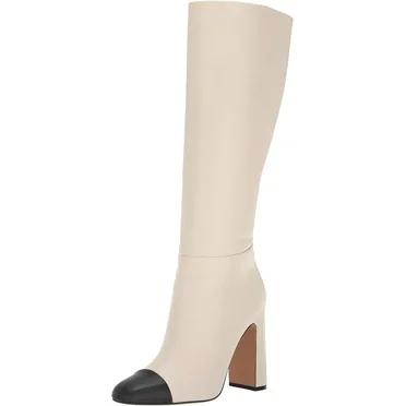 Steve Madden Women's Ally Cap-Toe Block-Heel Dress Boots, Bone/Black, 5M
