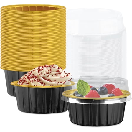 Tutuviw 60 Pcs 5Oz Dessert Cups with Lids Aluminum Foil Cupcake Cup Disposable Creme Brulee Ramekins Cake Storage Container Bakery Cheesecakes Muffins Pie Round Holders Cups