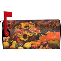 Thanksgiving Mailbox Cover Fall Bounty Cornucopia, Autumn Pumpkin Waterproof Magnetic Letter Box Cover, Standard Size Sunflower Mail Wraps Post Garden Decorations 21x18 in