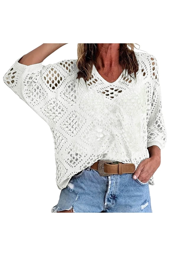 Women's Plus Size Summer Crochet Hollow Out 3/4 Dolman Sleeve Pullover Sweater Boho Beach Vocation Cover Up