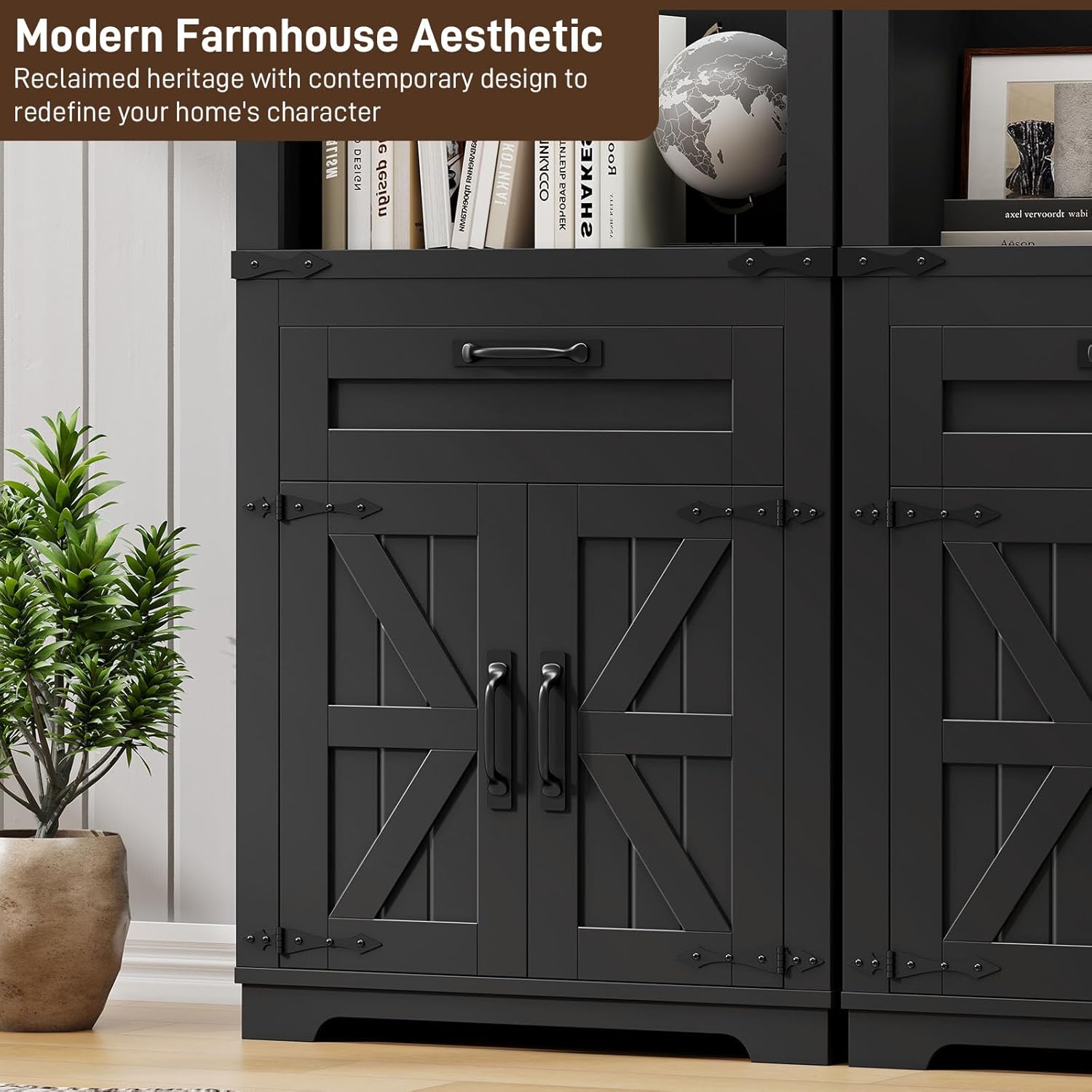 Vabches 67" Tall Bookcases with Drawer and Doors, 5-Tier Farmhouse Bookshelf, Bookcase for Living Room Home Office