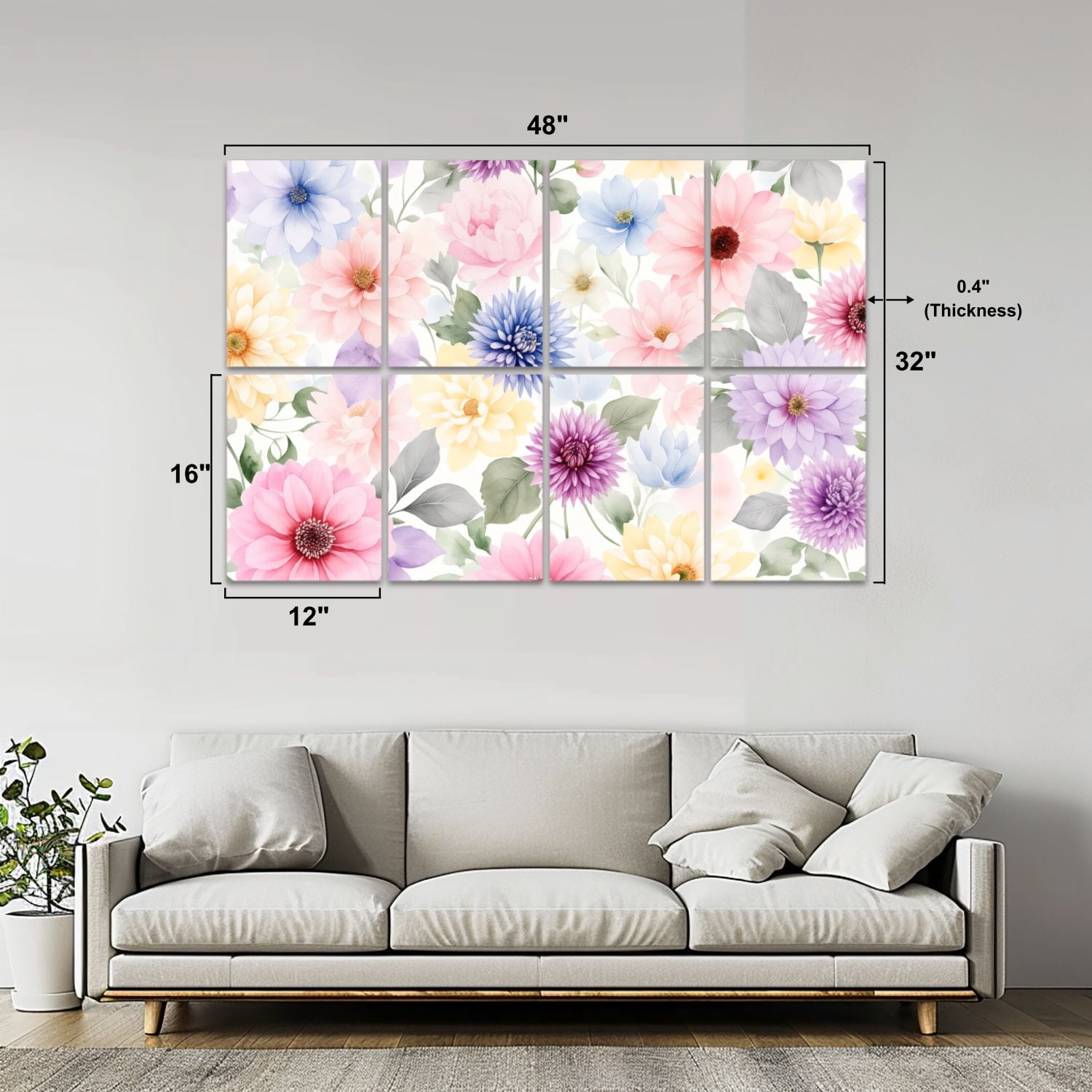 8 Pack Art Acoustic Panels Sound Absorbing Colorful Watercolor Floral Leaves Pastel Flowers Decorative Soundproof Wall Panels Self Adhesive for Nursery Game Room Bedroom 48"x32"