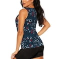 thumbnail image 3 of Xecao Navy Blue Geometric print women's scoop neck, loose-fit workout tank tops for the gym., 3 of 9