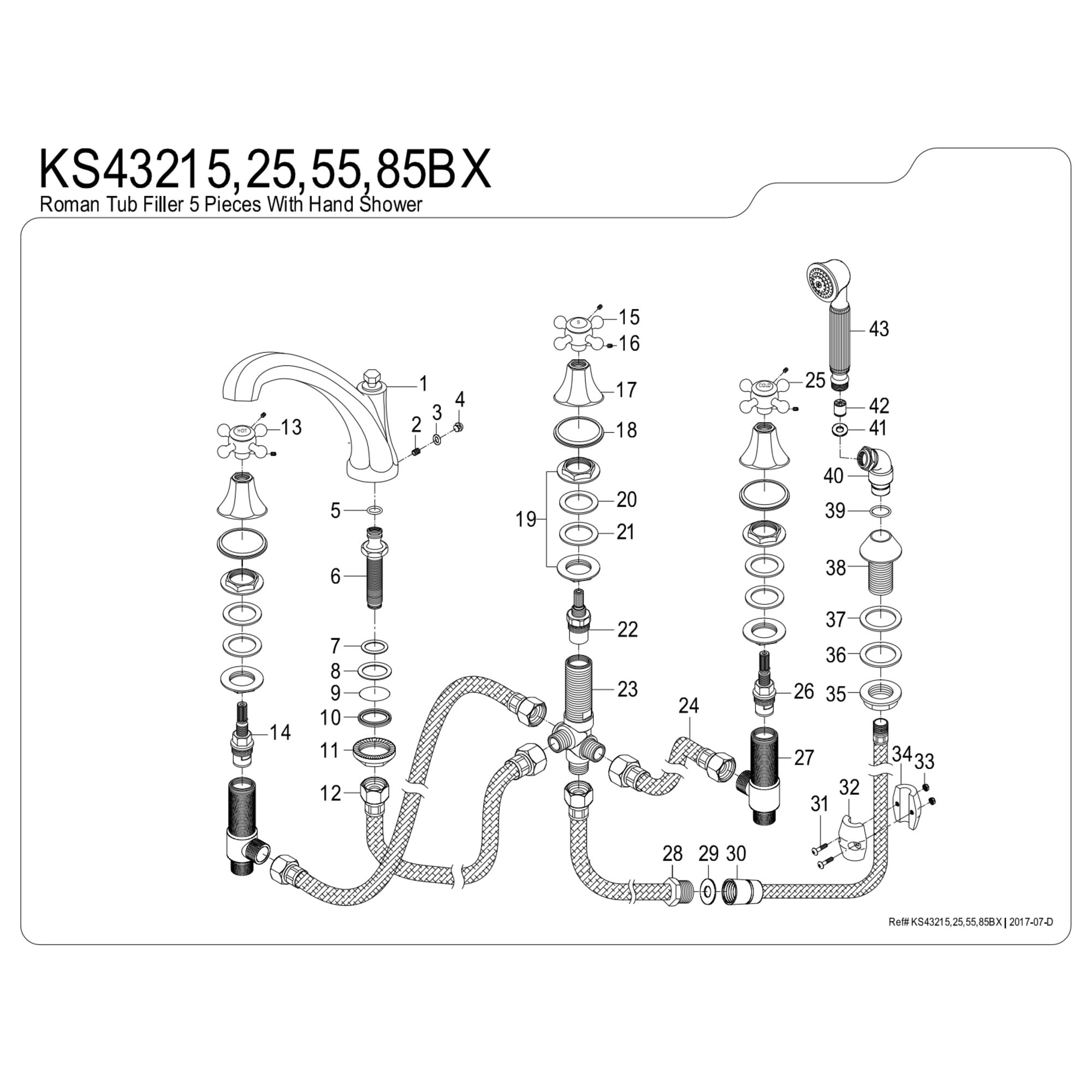 Kingston Brass KS43215BX Metropolitan 5-Piece Roman Tub Faucet with Hand Shower, Polished Chrome