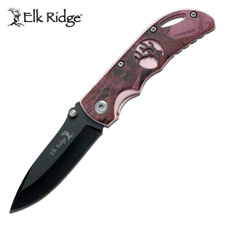 Elk Ridge - Outdoors Folding Knife - 3.75-in Black Stainless Steel Blade, Purple Camo Coated Pink Aluminum Handle, Pocket Clip - ER-134PC