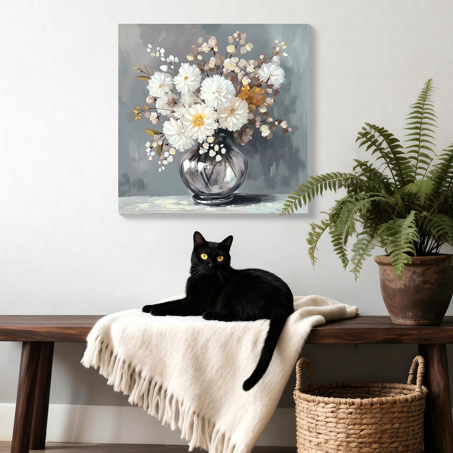 MOONMISS 24x24 White Chrysanthemum Glass Vase Canvas Print Wall Art Farmhouse Botanical Bedroom Decor