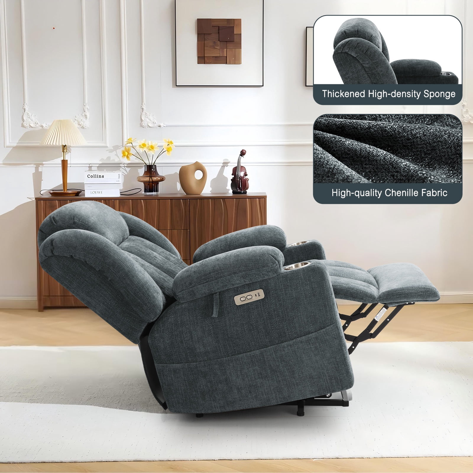 JULY'S SONG Oversized Recliner Chair with Heat and Massage, Power Lift Chairs for elderly with Cup Holders, Heavy Duty Electric Recliners for Adults with USB & Type C ports, Chenille Gray Blue