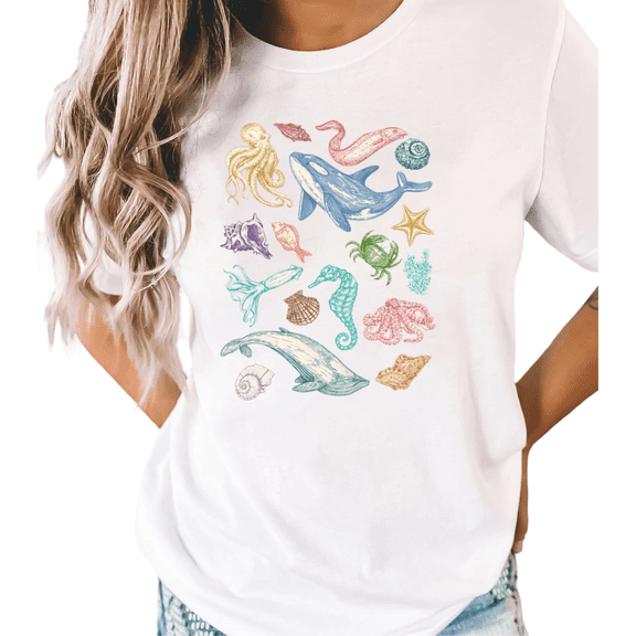 UNISHE Women's Colorful Vintage Ocean Creatures Graphic White Short Sleeve T-Shirt Casual Cotton Crewneck Top