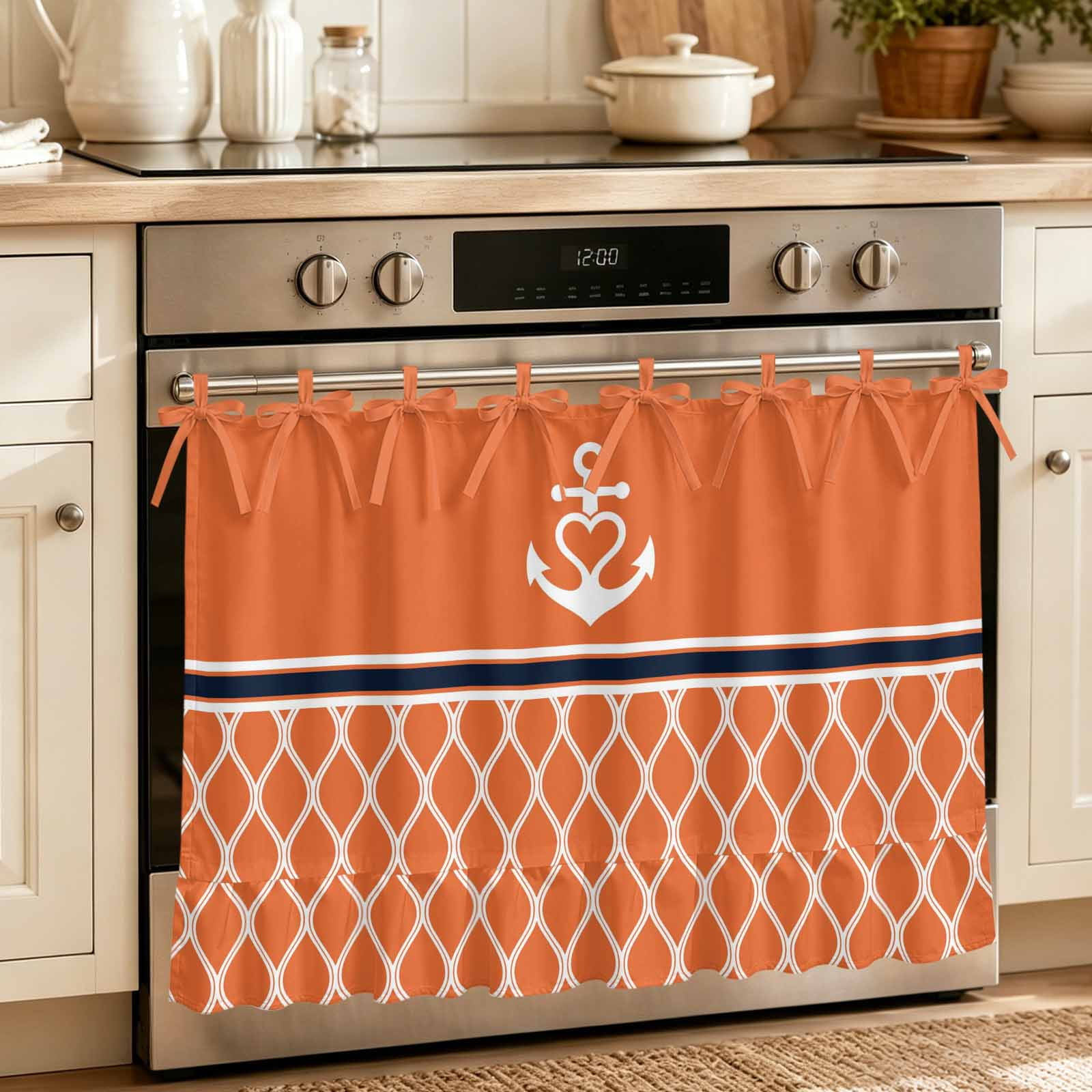 Oven Curtain for Kitchen White Nautical Anchor Orange Theme Stove Curtain With Ruffled Trim Dishwasher Curtains Morocco Geometric Stripe Oven Skirt 30 x21.5