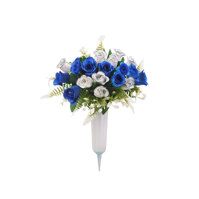 Ramo de rosas artificiales con jarrón, flores de seda conmemorativas para decoración de tumbas, resistente a la decoloración, arreglo funerario para exteriores, cementerio, monumento