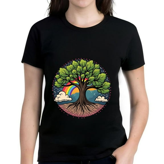 Women's Cotton Short Sleeve T-Shirt with Vibrant Tree and Rainbow Design Magical Nature Pattern Perfect for Casual Wear