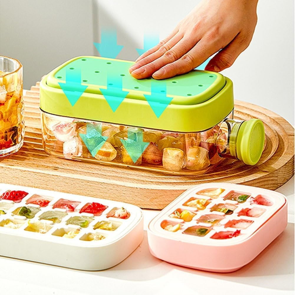Ice Bottle Cup, 2 in 1 Zero Touch Press Ice Cube Mold Water Bottle with Lid and Bin, Ice Cube Bottle, Easy Press to Release Vertical Ice Cube Tray with Lid for Freezer (Pink, 500ML)