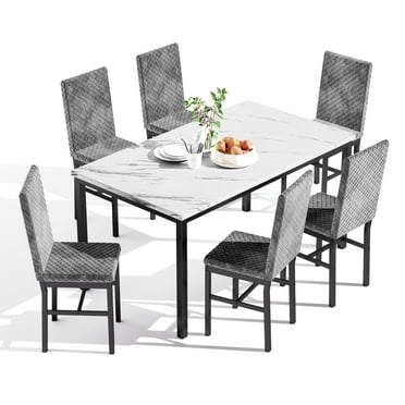 AWQM 7 Piece Dining Table Set for 6, Faux Marble Kitchen Table with 6 Velvet Chairs, Modern Dining Room Table Set for Small Space, Living Room, Apartment, White+Grey