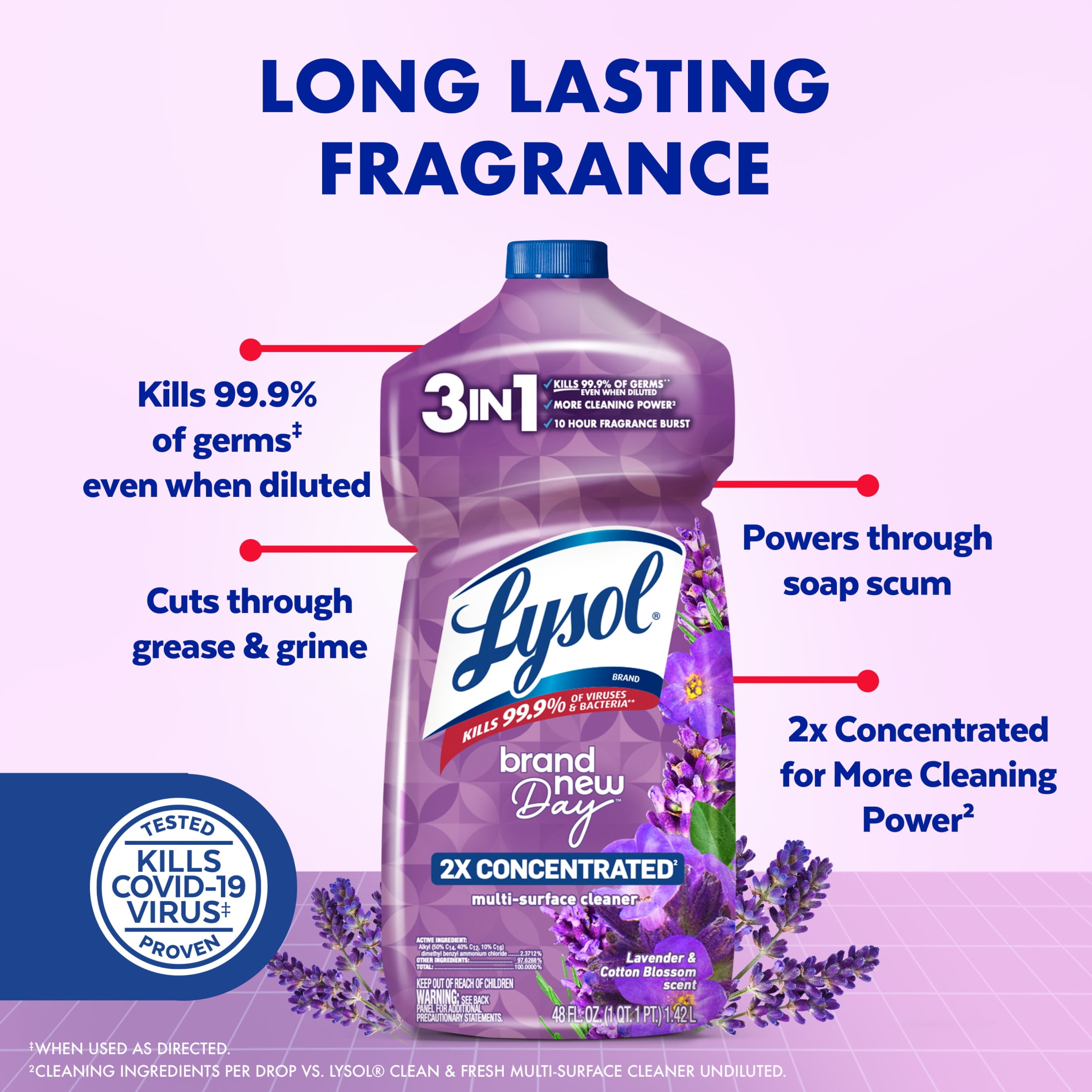 (9 pack) Lysol All Purpose Cleaner, 2X Concentrated Multi-Surface Disinfectant Floor Cleaner for Mopping Solution, for Bathroom & Kitchen, Lavender & Cotton Blossom, 48 fl oz