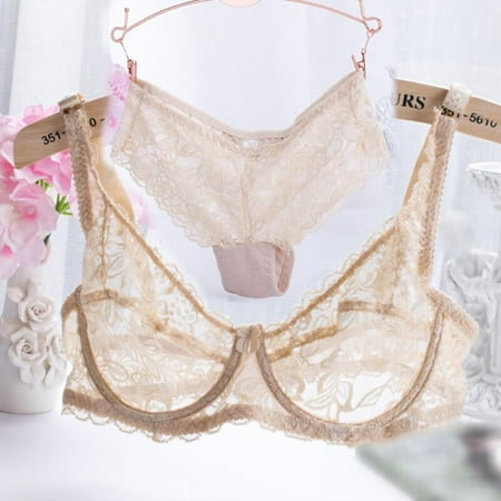 

Clearance! Women s Thin Transparent Lace Bra Underwear Set Beige 80B