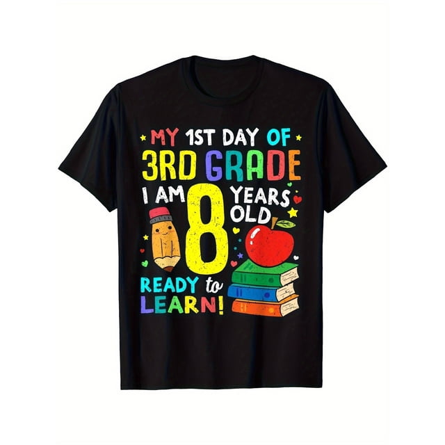 Camiseta de 3.er grado para el primer día de clases, regalo para niños y niñas, camiseta de manga corta con estampado de dibujos animados, lavable a máquina, cuello redondo.