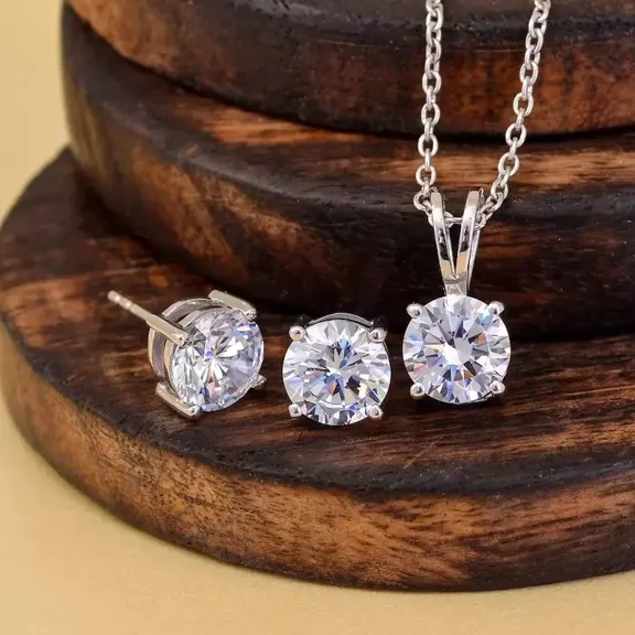 4Ct Round Cut Simulated Diamond Solitaire Women Pendant & Stud Earring Jewelry Set 14k White Gold Plated 925 Silver
