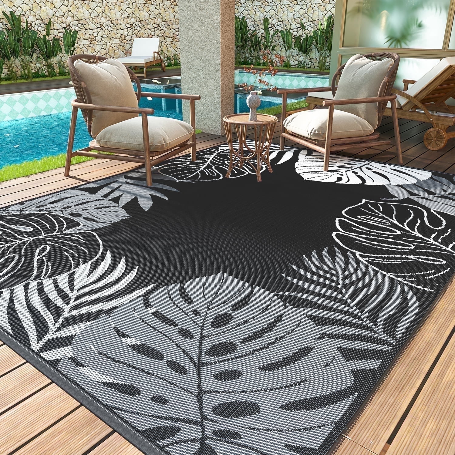 SIXHOME 5'x8' Feet Waterproof Outdoor Rug, Reversible Black Plastic Patio Mat with Straw Texture Tropical Palm Leaf, Non-Slip Carpet for Camping, RV, Balcony, Porch, Picnic