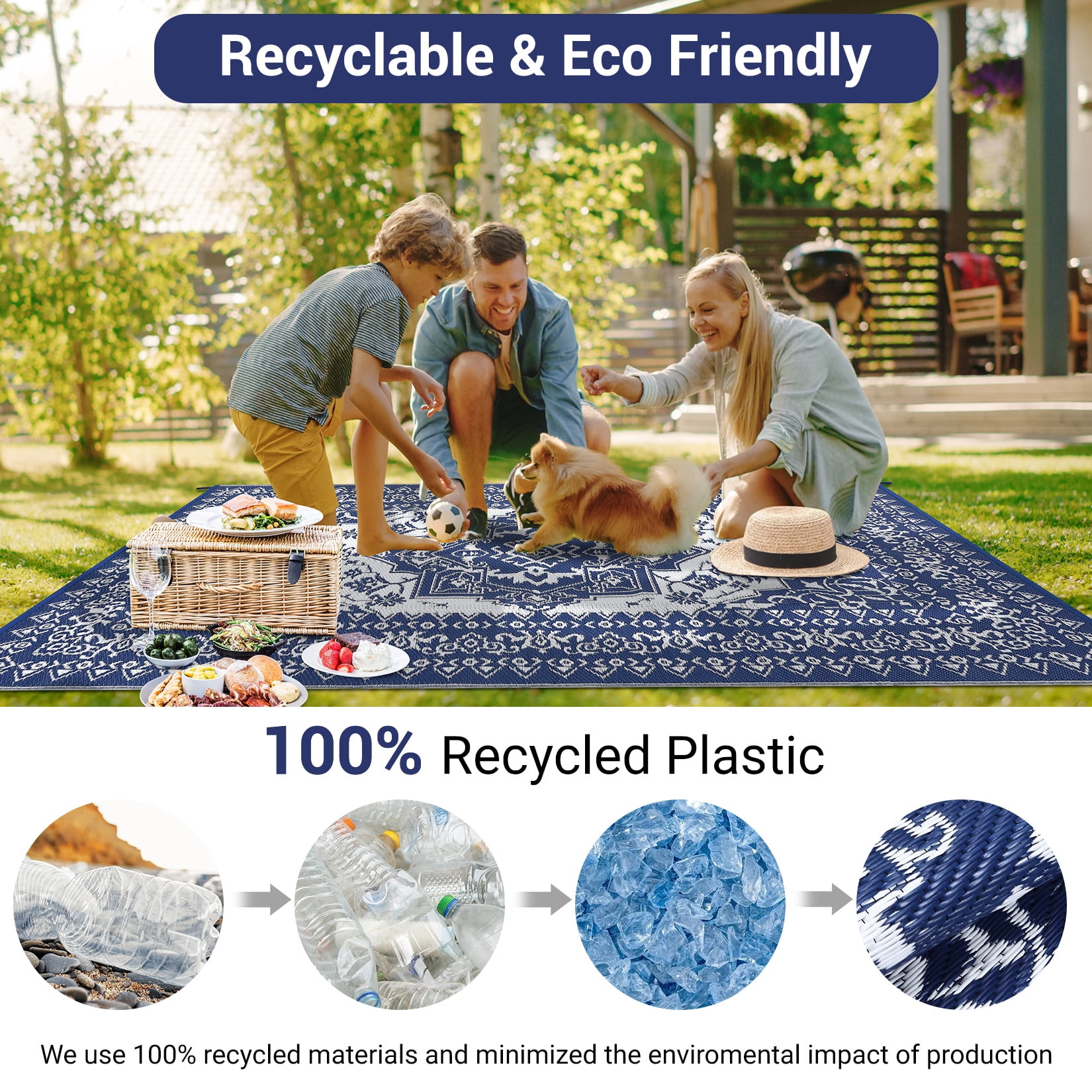 Senfot 9x12 Waterproof Reversible Plastic Straw Indoor Outdoor Area Rug for Patio RV Camping Balcony Deck Backyard Dark Blue and White