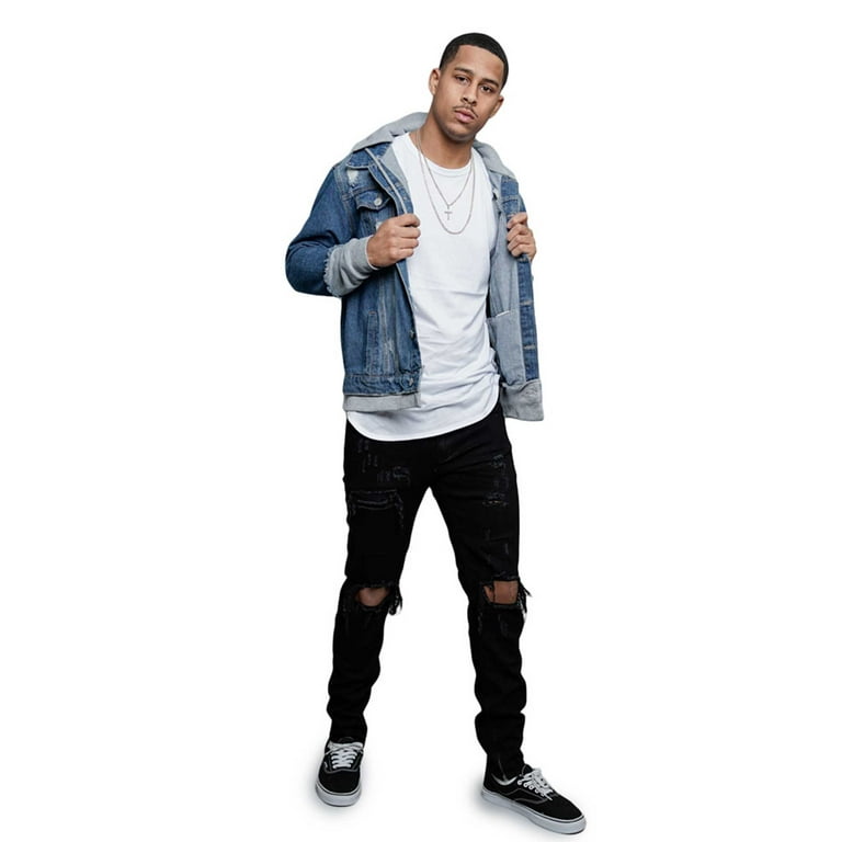 Victorious Men's Hoodie Layered Ripped Denim Jacket with Victorious Men's Hoodie Layered Ripped Denim Jacket with