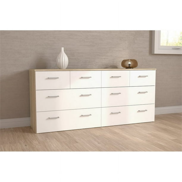 Bowery Hill Engineered Wood Low Profile 8 Drawer Double Dresser in Oak and  White 