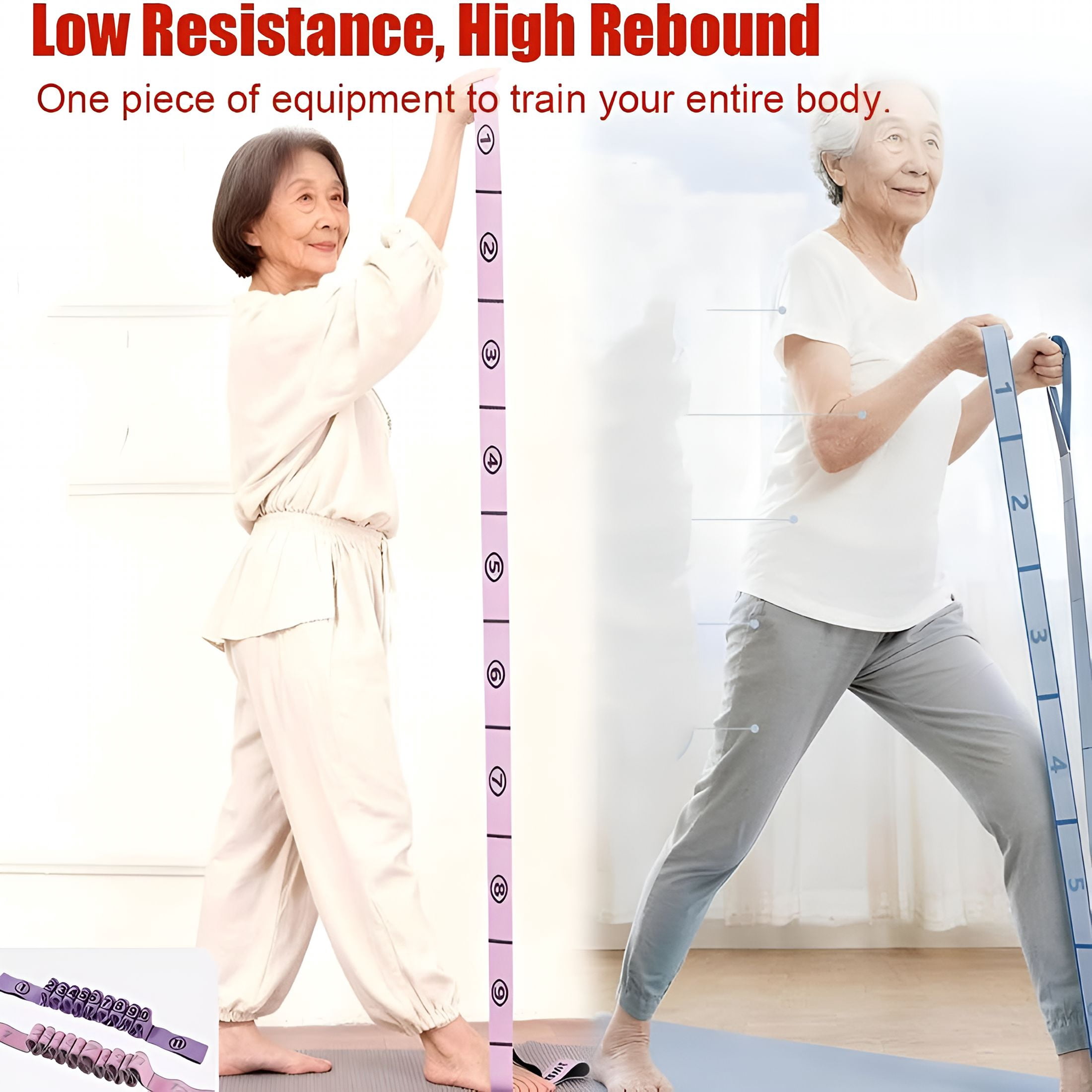 BESTSKY Numbered Resistance Band for Seniors,Fitness Resistance Band for Stretching and Yoga,8 Section Number Elastic Stretch Strap,With Hand Grippers,For Glutes Legs Training,For Women Men
