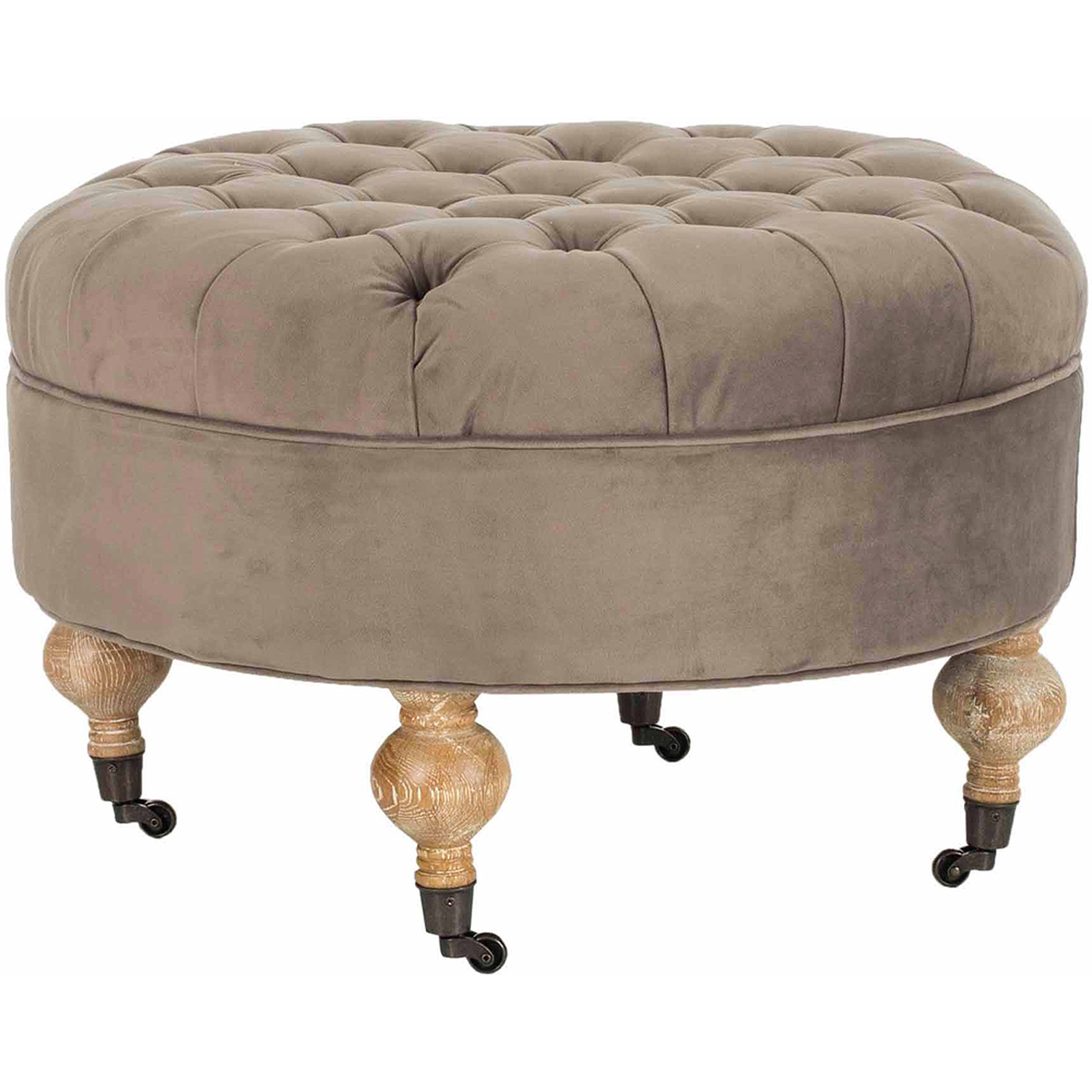 SAFAVIEH Clara Classic Rustic Tufted Round Ottoman with Casters, Mushrom Taupe